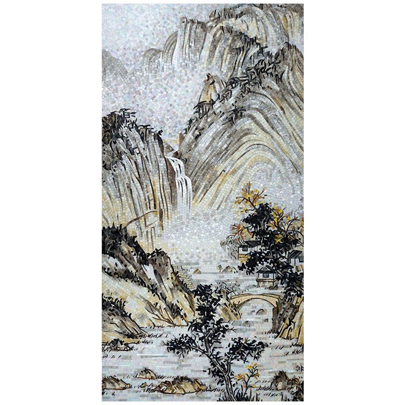 Traditional Chinese landscape painting with mountains and trees on a white background