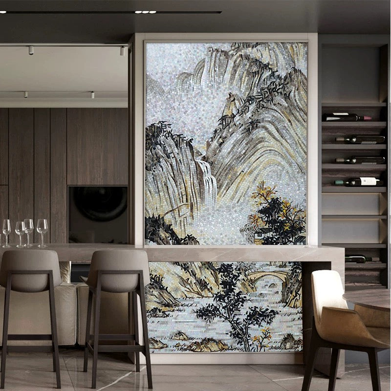 Dining room with a large abstract mountain landscape mosaic mural on the wall.