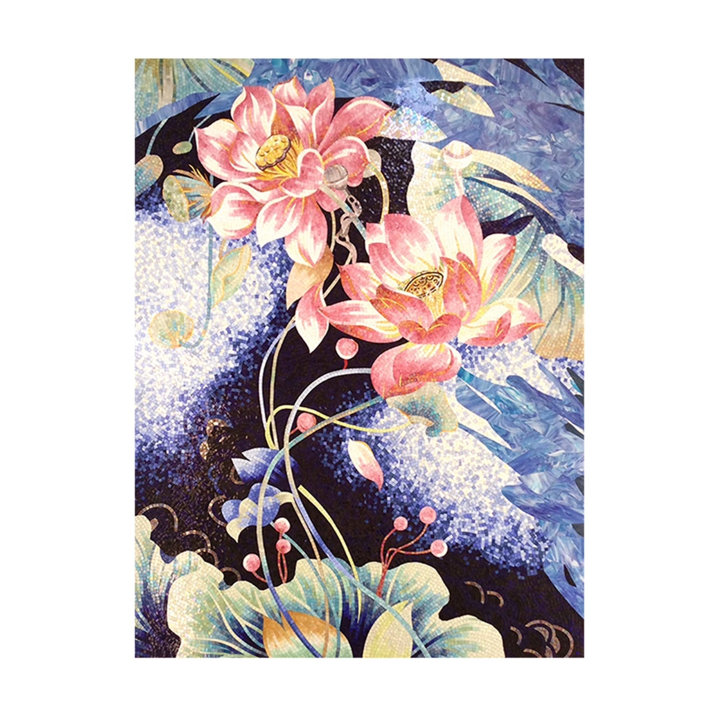 Artistic depiction of pink lotus flowers with a blue and black background