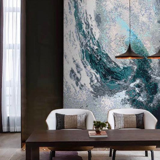 Modern living room with a large abstract wall art piece.