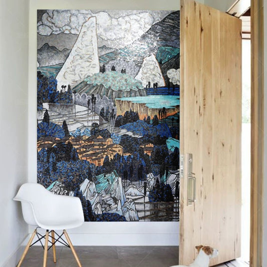 Mosaic artwork of a coastal scene in a modern interior setting with a white chair and wooden door.