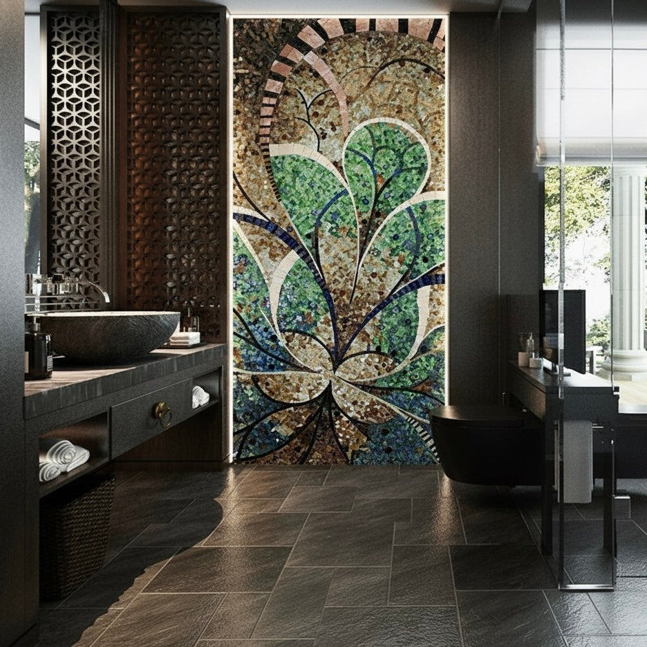 Custom Art Deco/Nouveau Glass Mosaic Mural - Stylized Botanical Feature Wall