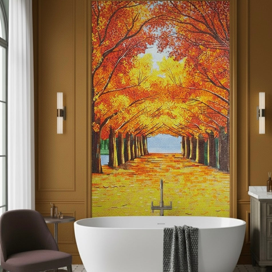 Custom Autumn Alley Glass Mosaic Mural - Impressionist Fall Landscape Art