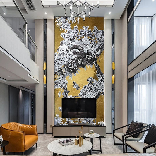 Luxury Gold & Monochrome Chinoiserie Bird Custom Glass Mosaic Mural
