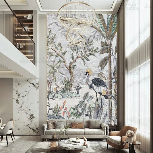 Luxury Crane Bird Tropical Landscape Custom Glass Mosaic Mural