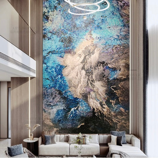 Modern living room with a large abstract wall art piece.