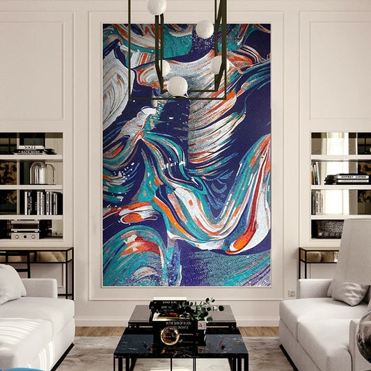 Modern living room with abstract artwork of mosaic mural