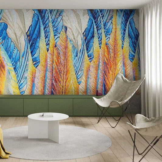 Modern living room with colorful abstract mosaic mural, white round table, and chairs.