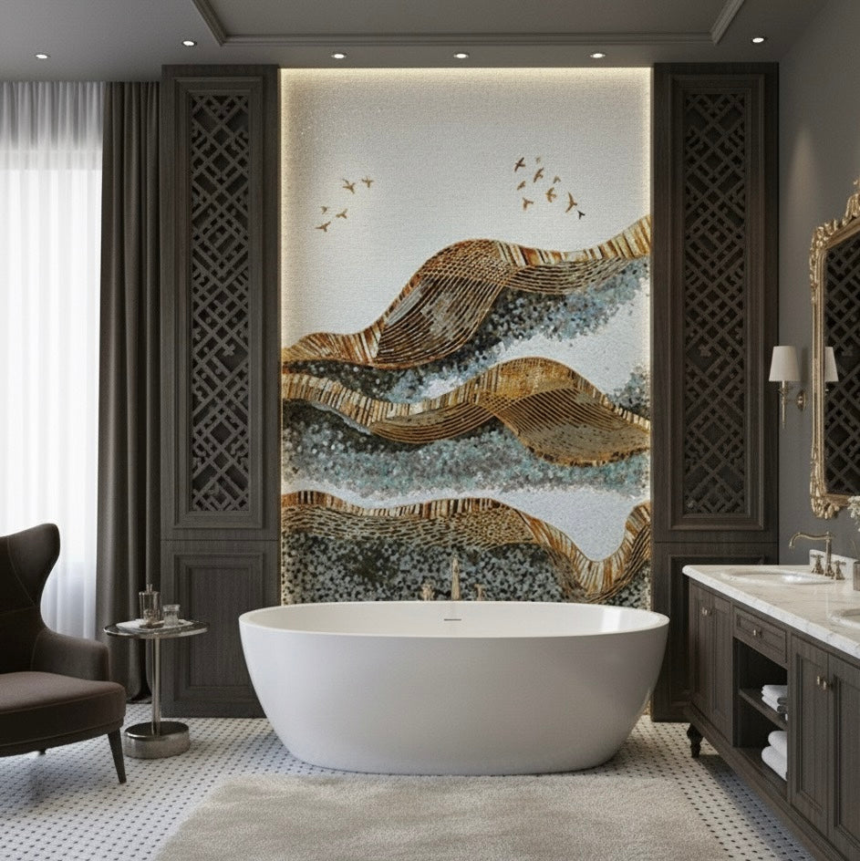 Custom Abstract Wave Glass Mosaic Mural - Modern Metallic Landscape Wall Art