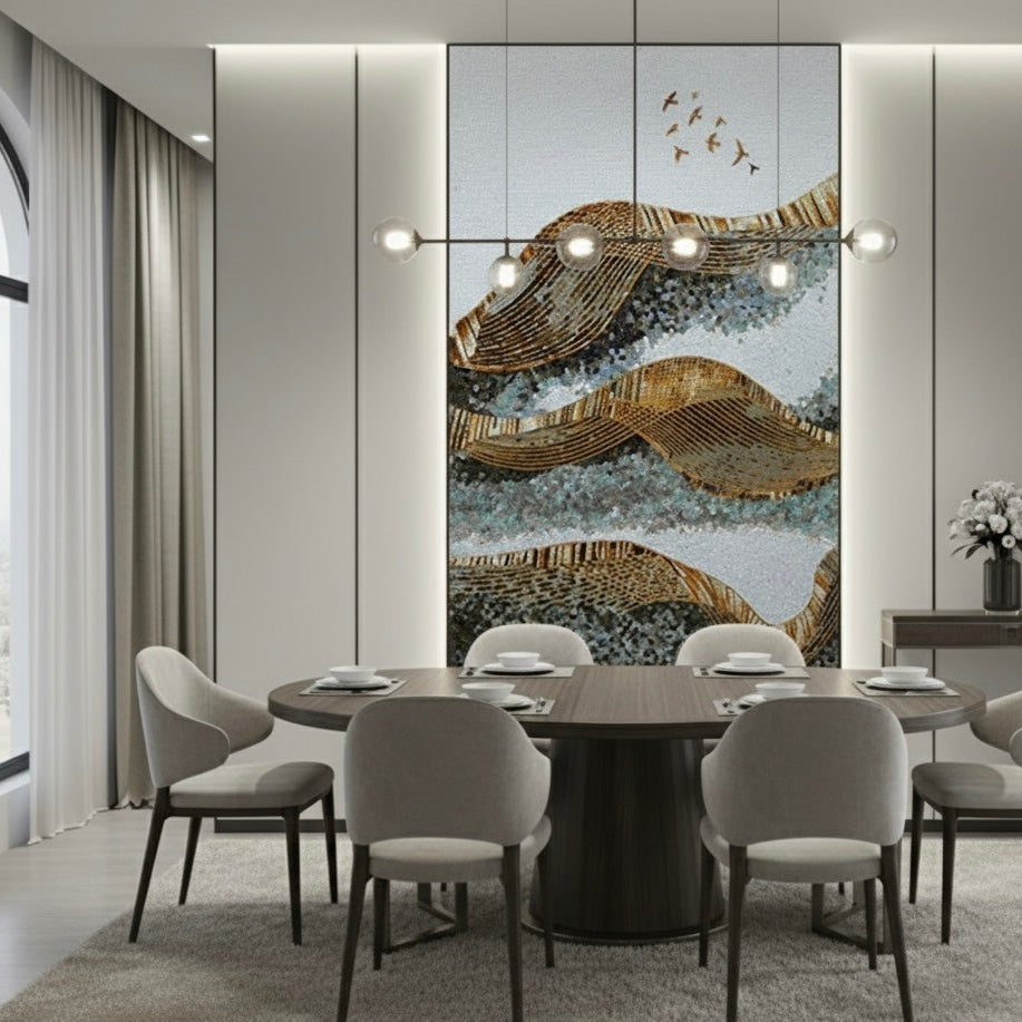 Custom Abstract Wave Glass Mosaic Mural - Modern Metallic Landscape Wall Art