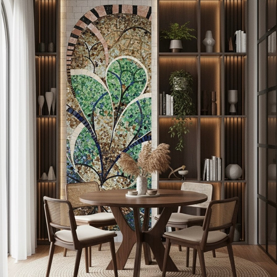 Custom Art Deco/Nouveau Glass Mosaic Mural - Stylized Botanical Feature Wall