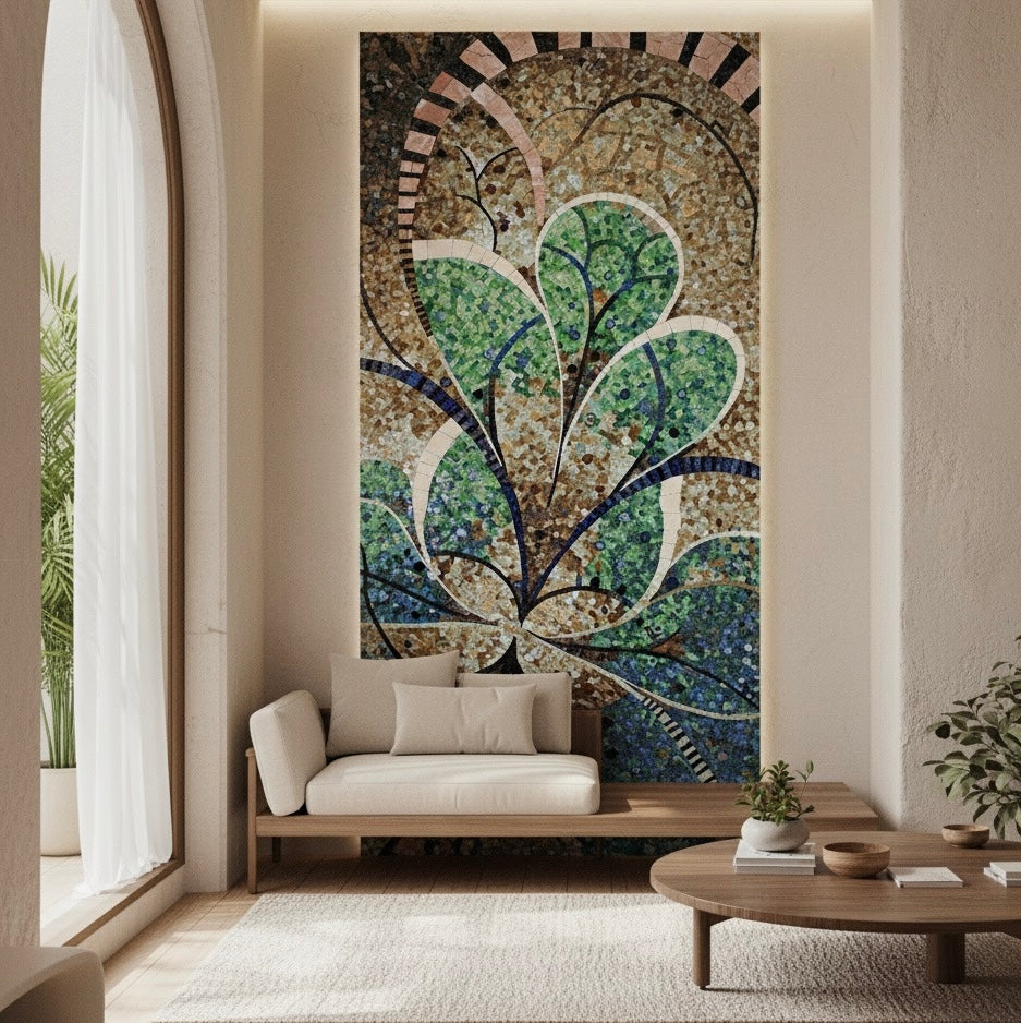 Custom Art Deco/Nouveau Glass Mosaic Mural - Stylized Botanical Feature Wall