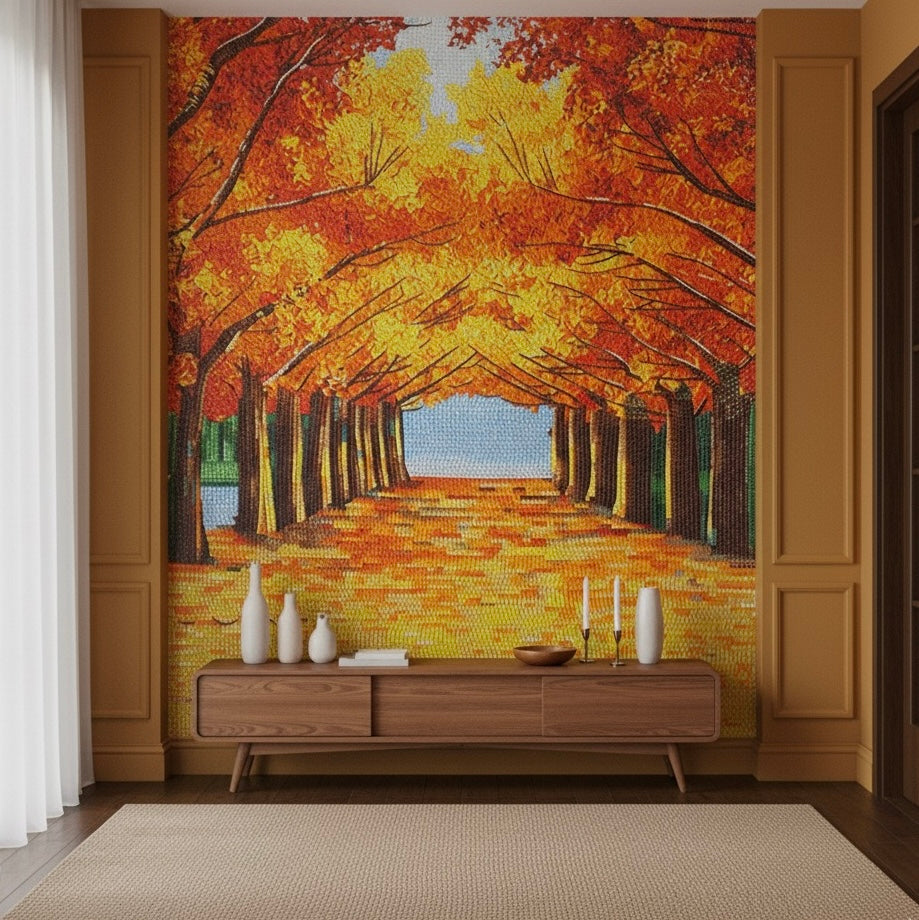 Custom Autumn Alley Glass Mosaic Mural - Impressionist Fall Landscape Art