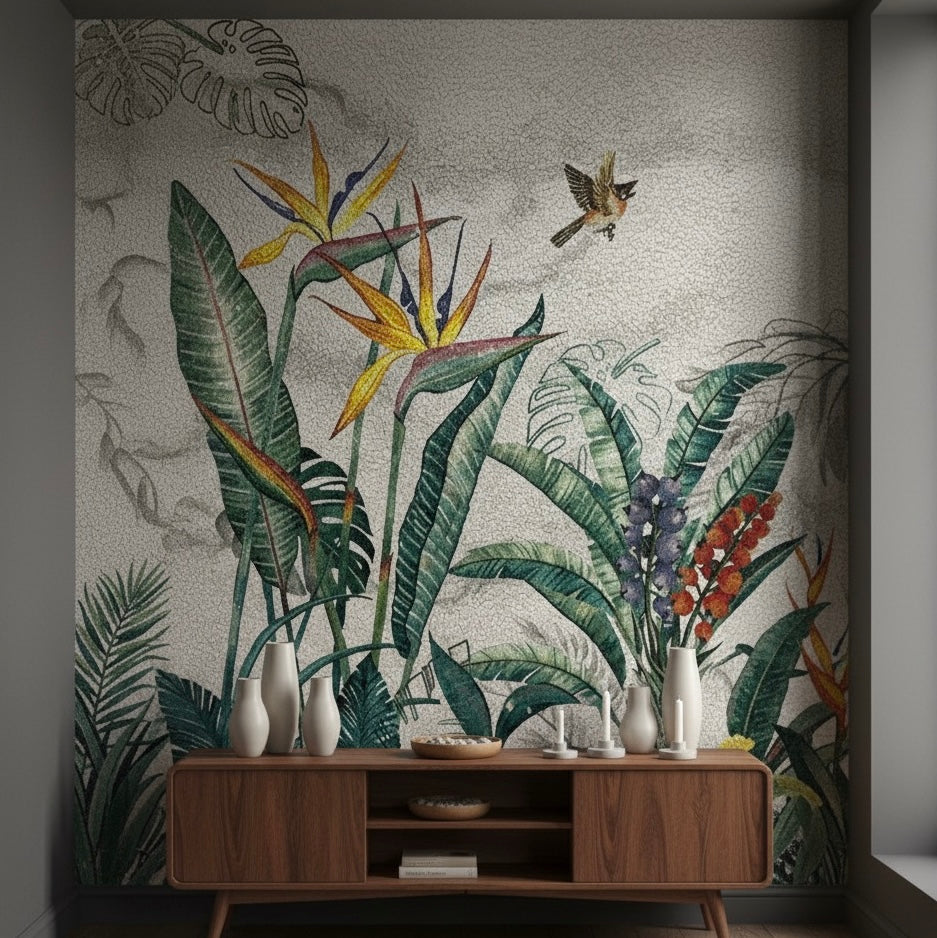 Custom Bird of Paradise Glass Mosaic Mural - Tropical Botanical Fine Art