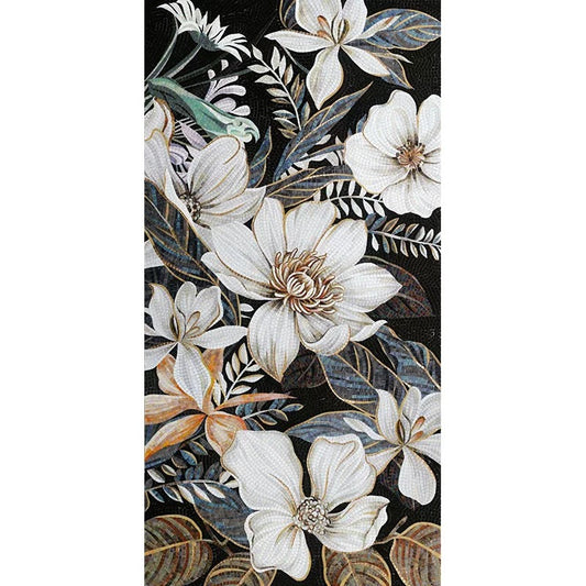 Floral pattern with white flowers and green leaves on a black background
