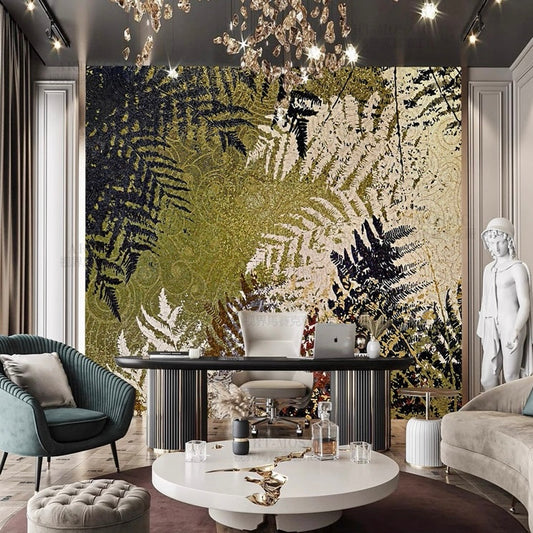 Custom Fern Mosaic Mural: Luxe Gold & Black Forest Glass Tile Wall Art