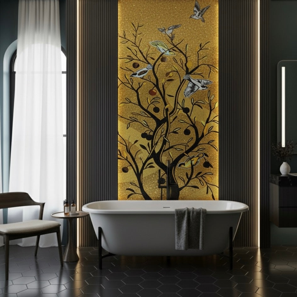Custom Glass Mosaic Mural: "Gilded Tree of Life"