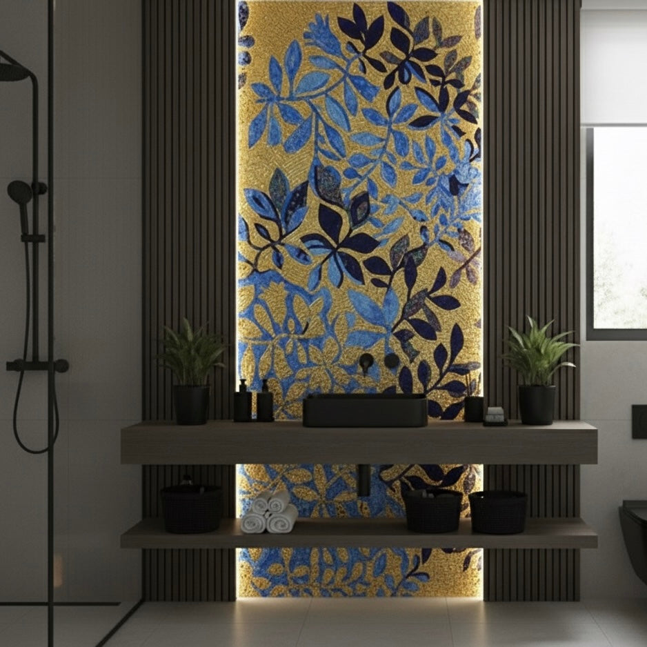Custom Gold & Royal Blue Leaf Glass Mosaic Mural - Modern Glamour Art