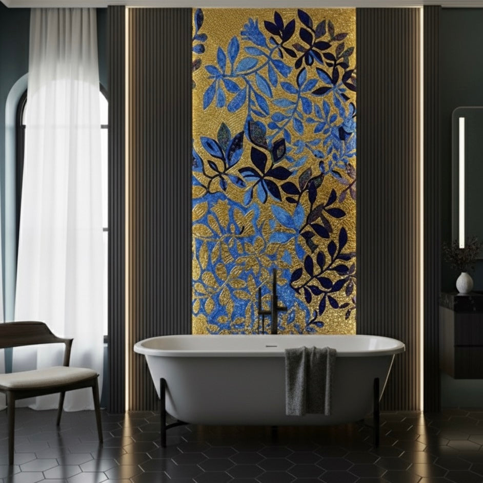 Custom Gold & Royal Blue Leaf Glass Mosaic Mural - Modern Glamour Art