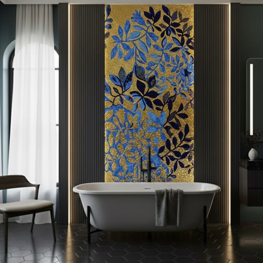Custom Gold & Royal Blue Leaf Glass Mosaic Mural - Modern Glamour Art