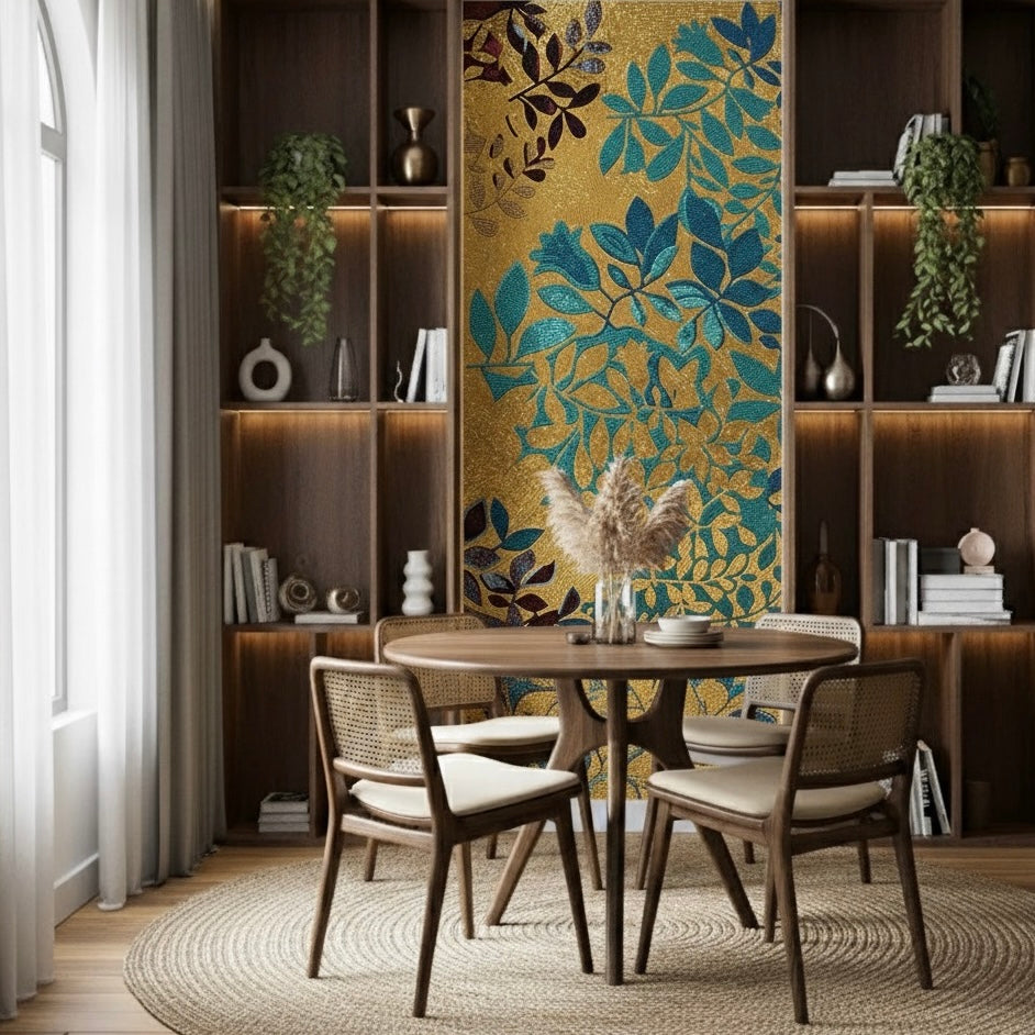 Custom Gold & Royal Blue Leaf Glass Mosaic Mural - Modern Glamour Art