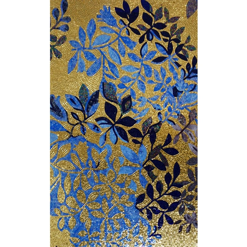 Custom Gold & Royal Blue Leaf Glass Mosaic Mural - Modern Glamour Art
