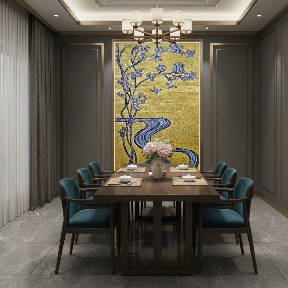 Luxury Custom Gold & Sapphire Blossom Glass Mosaic Mural - Handcrafted Art Deco Wall Panel