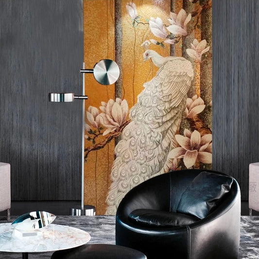 Decorative mosaic wall panel with peacock and floral design in a modern room.