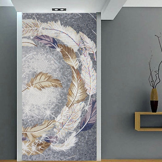 Decorative mosaic mural with feather design in a room setting