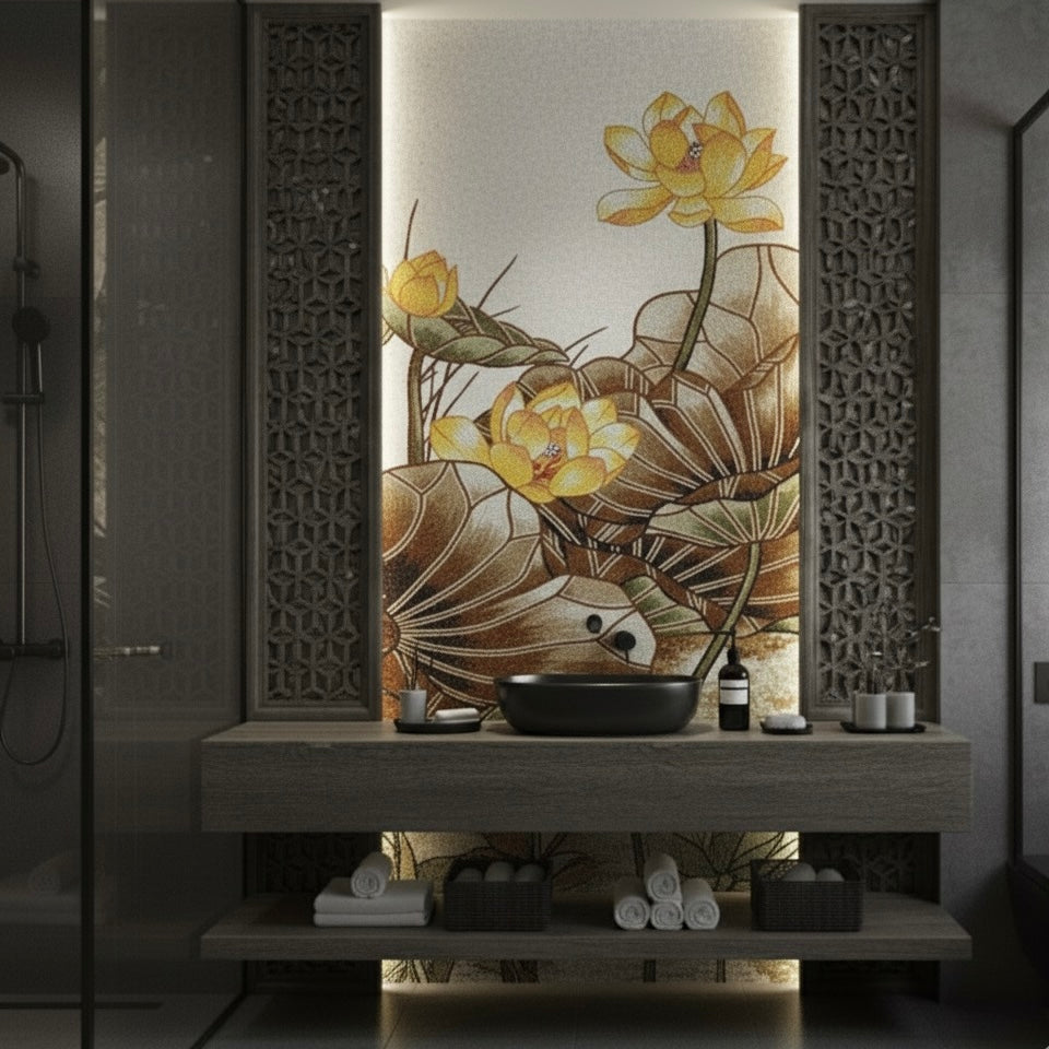 Custom Golden Lotus Flower Glass Mosaic Mural - Asian-Inspired Botanical Art