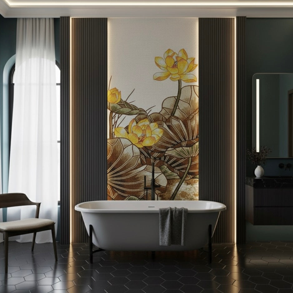Custom Golden Lotus Flower Glass Mosaic Mural - Asian-Inspired Botanical Art