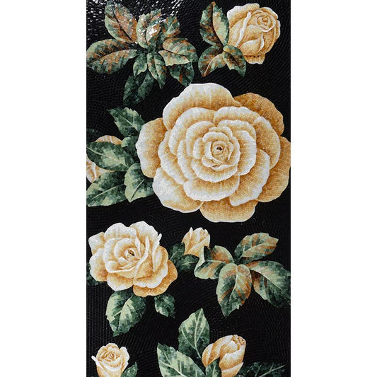 Floral pattern with beige roses and green leaves on a black background