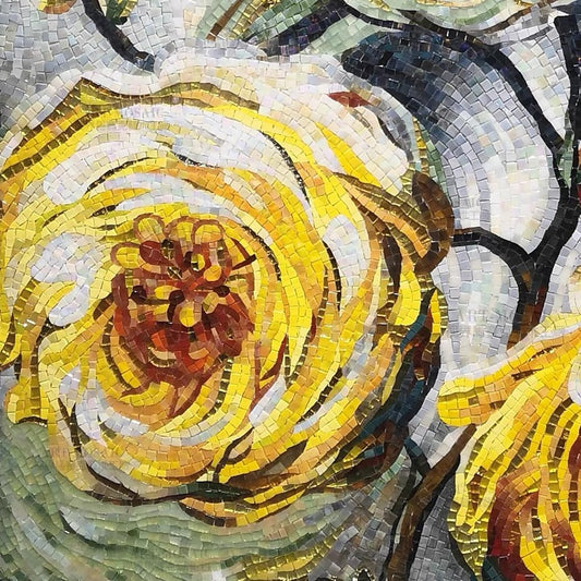 Mosaic artwork of a flower with yellow and white petals