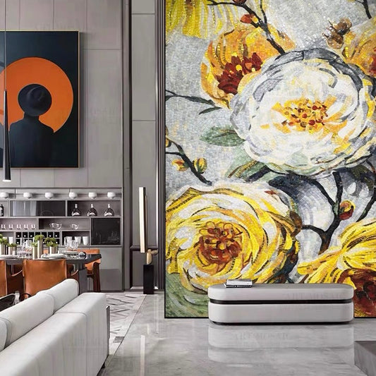 Modern living room with a large floral painting on the wall.