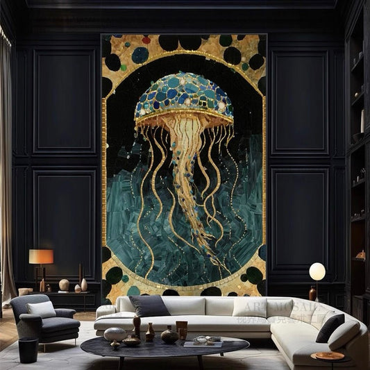 Decorative wall art of a jellyfish in an elegant living room.
