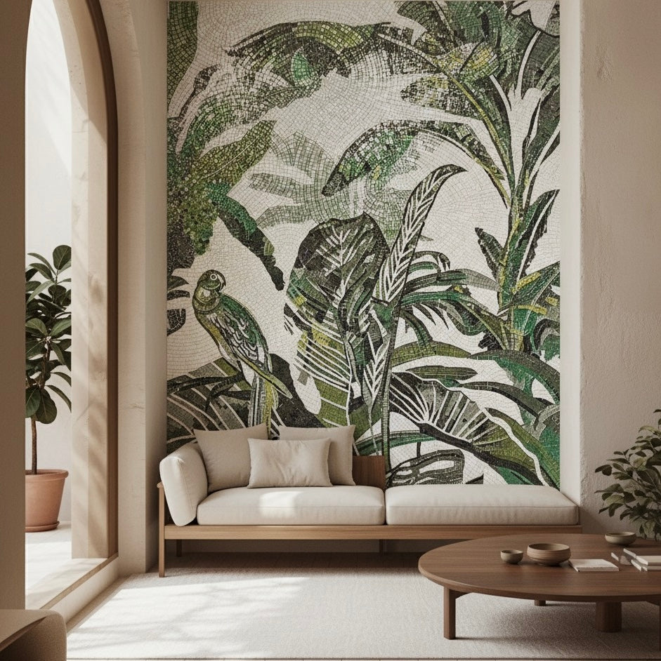 Custom Lush Tropical Glass Mosaic Mural - Rainforest Leaf & Parrot Art