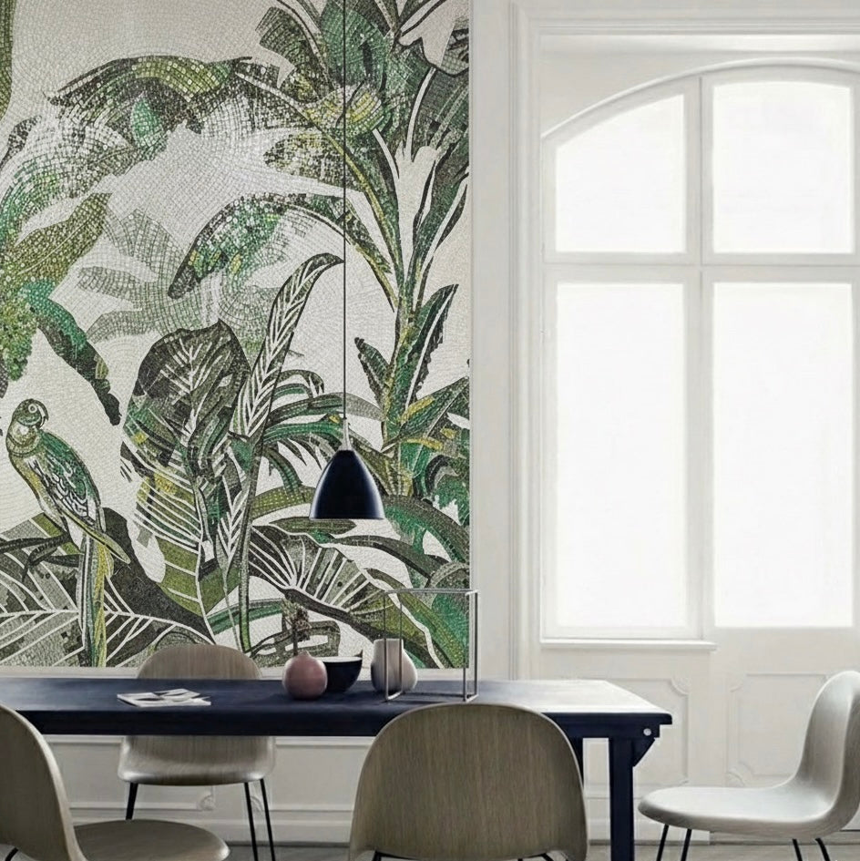 Custom Lush Tropical Glass Mosaic Mural - Rainforest Leaf & Parrot Art