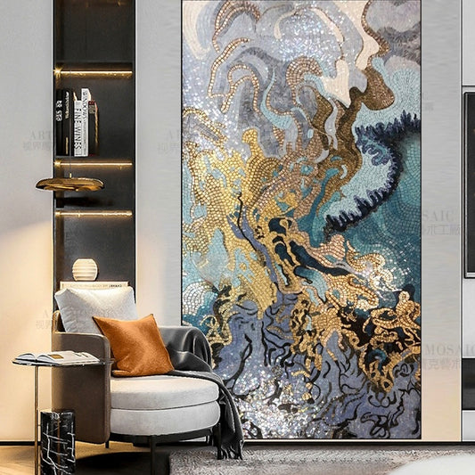 Abstract Gold & Blue Glass Mosaic Wall Art - Custom Luxury Mural
