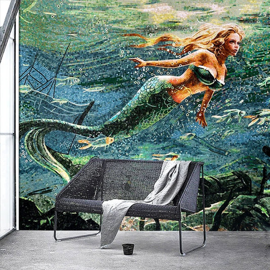 Custom Mermaid Mosaic Mural: Blonde Siren Glass Tile Wall Art