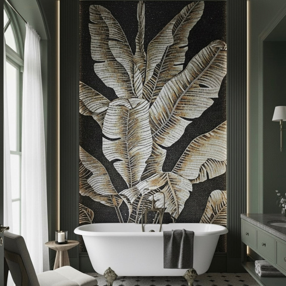 Custom Monochrome Tropical Glass Mosaic Mural - Black & Gold Banana Leaves
