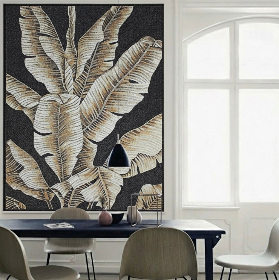 Custom Monochrome Tropical Glass Mosaic Mural - Black & Gold Banana Leaves