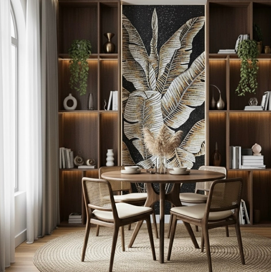 Custom Monochrome Tropical Glass Mosaic Mural - Black & Gold Banana Leaves