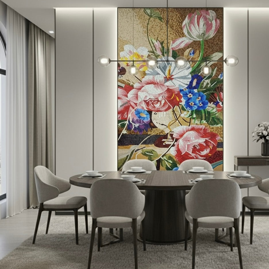 Custom Glass Mosaic Floral Mural: "Timeless Bloom"