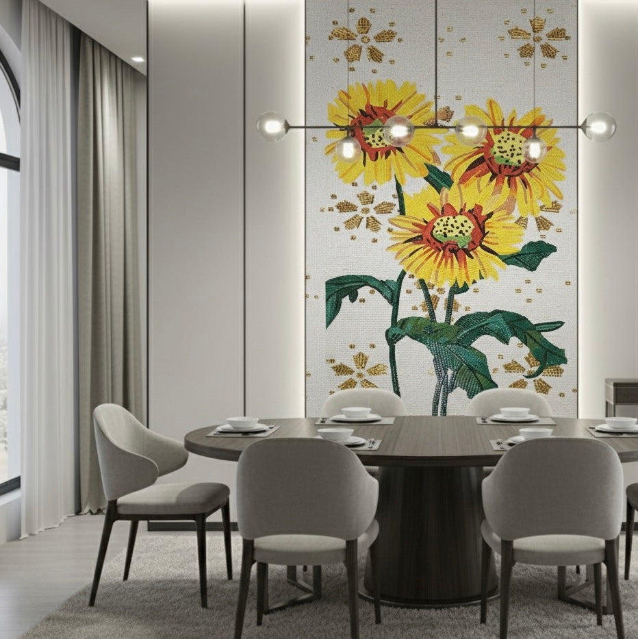 Custom Glass Mosaic Mural: "Golden Sunflower Harvest"
