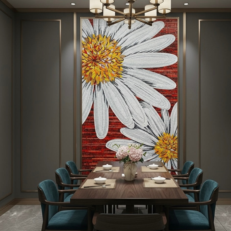 Custom Oversized Daisy Glass Mosaic Mural - Bold Floral Pop Art