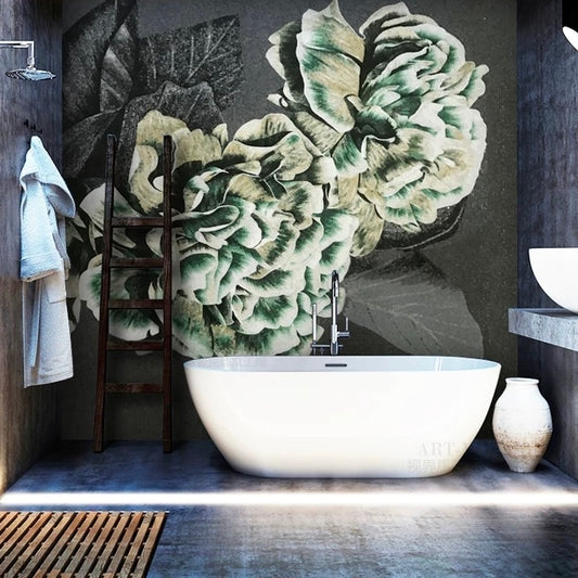 Bathroom with a large floral mural on the wall, featuring a white bathtub and decorative elements.