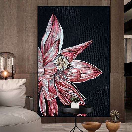 Decorative painting of a pink flower on a black background in a modern interior setting.