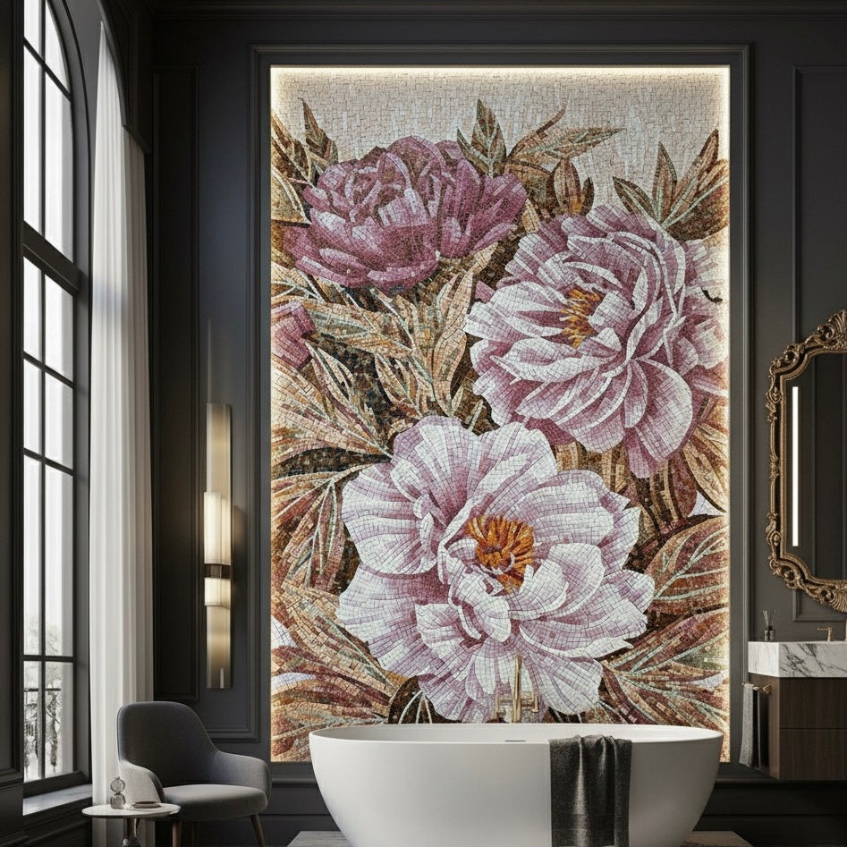 Custom Romantic Peony Glass Mosaic Mural - Oversized Floral Luxury Art