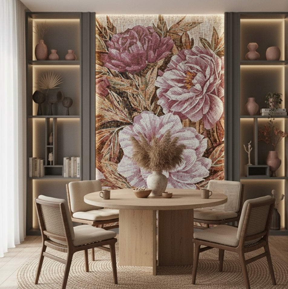 Custom Romantic Peony Glass Mosaic Mural - Oversized Floral Luxury Art