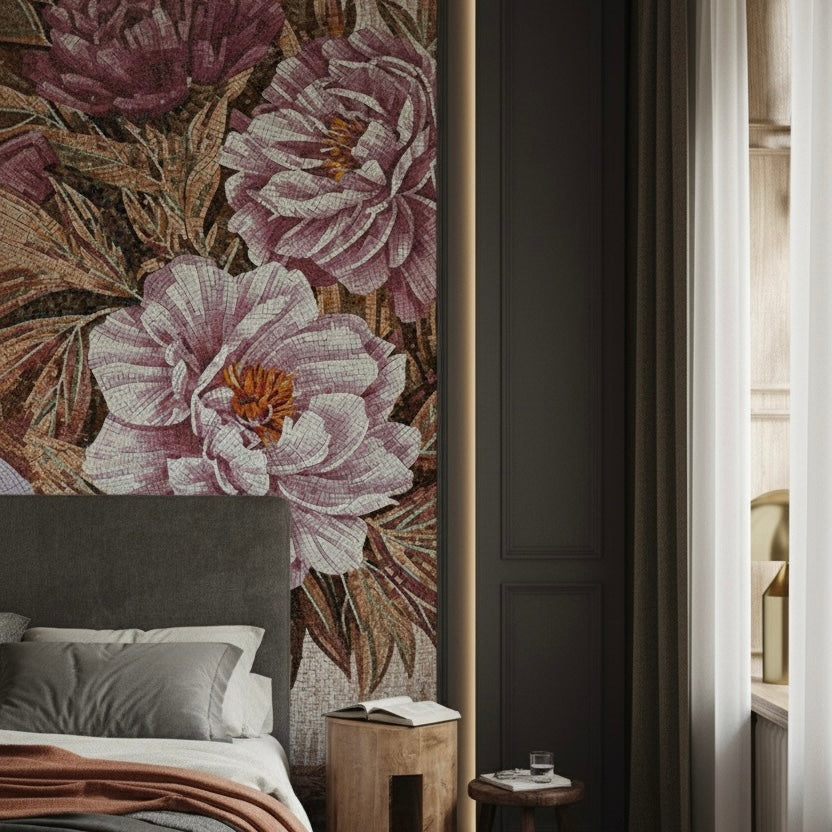 Custom Romantic Peony Glass Mosaic Mural - Oversized Floral Luxury Art
